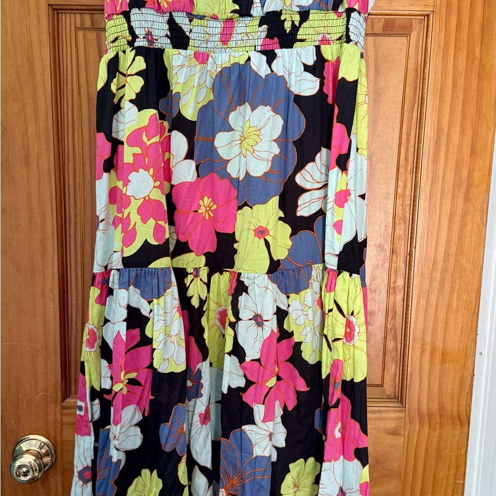 Modcloth Black and Pink Smocked Tiered Midi Dress